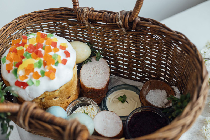 Traditional Polish Easter basket for blessing - with natural dyed eggs, sausage, beets, Easter bread, cheese, butter - Facts about Poland for kids