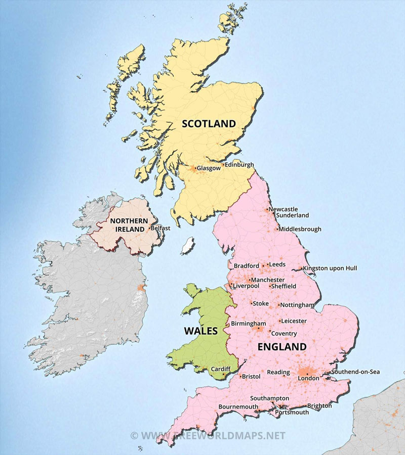 Map of the UK with countries