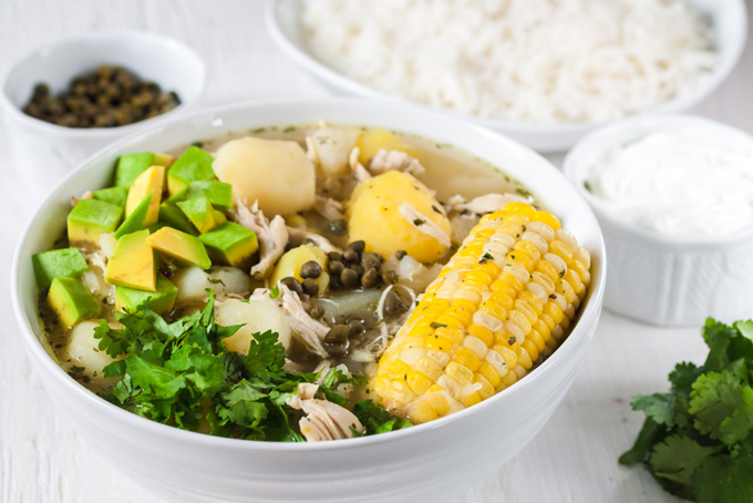 Colombian ajiaco, chicken and potato soup - Image from CuriousCuisiniere.com - Kids learn about Colombian food
